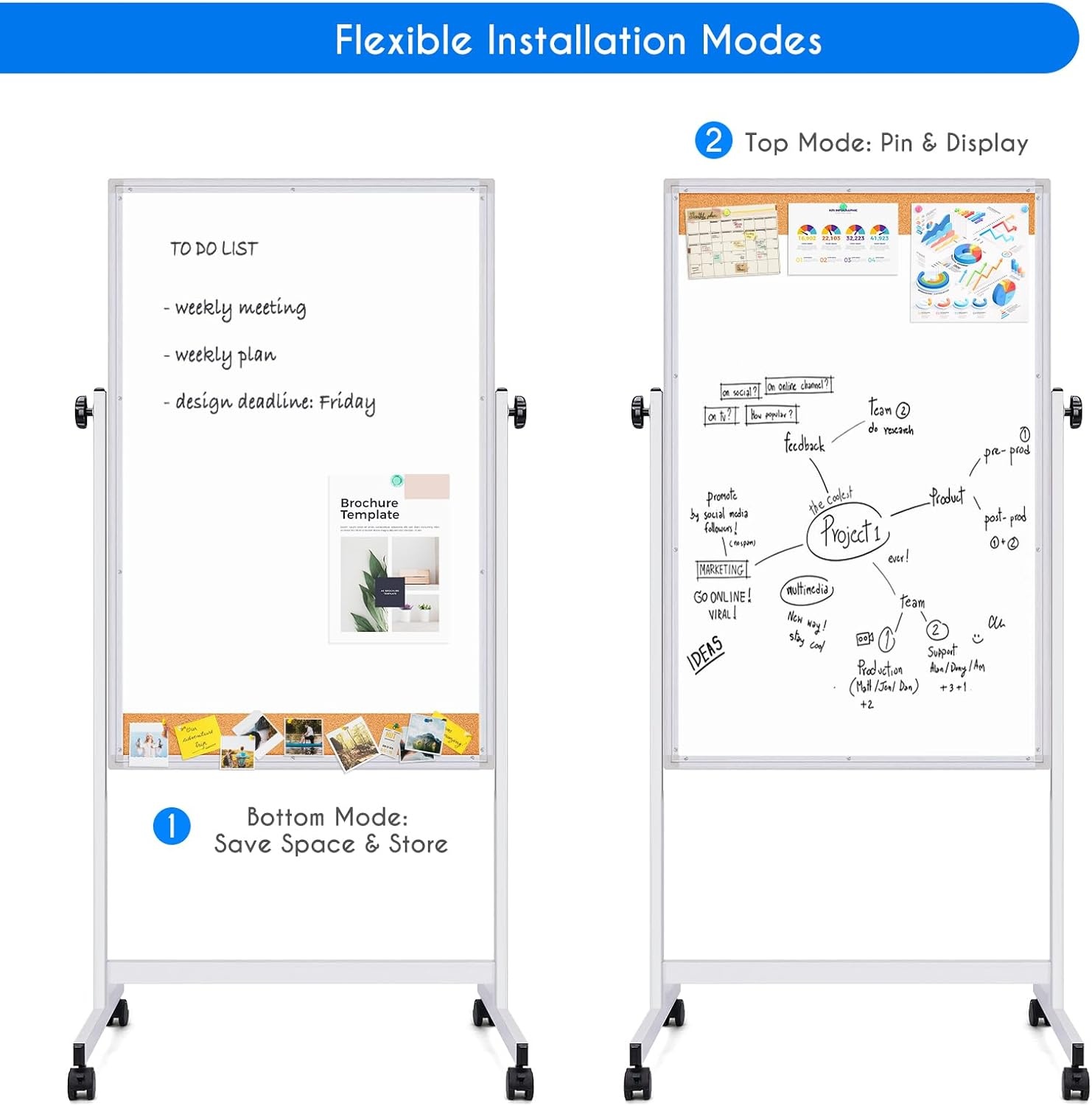 image:imagemaxtek Rolling White Board 44x28 Inches Magnetic Cork Board Combo Portable DoubleSided Dry Erase Board on Wheels Height Adjutable Easel Board for Home School Office44x28 in SilverCork