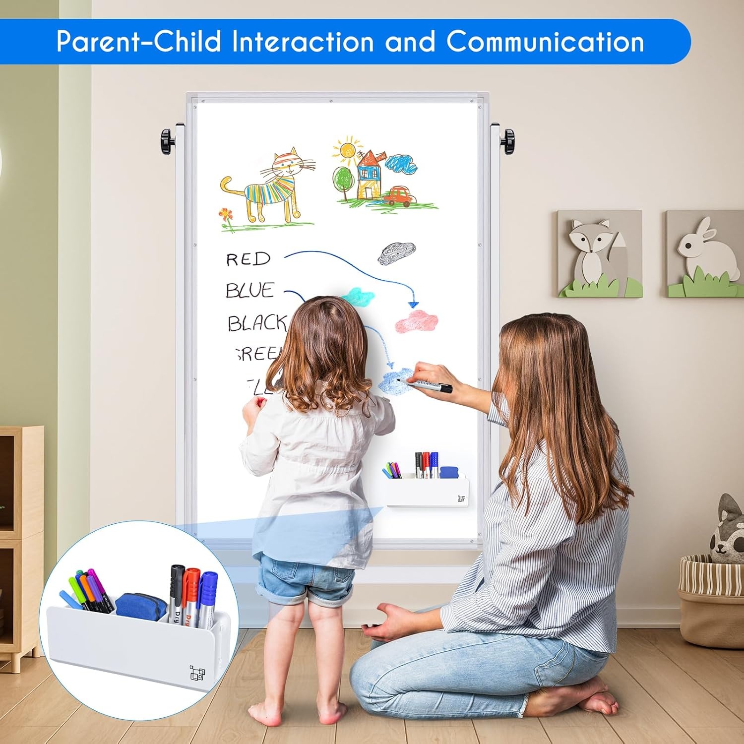 image:imagemaxtek Rolling White Board 44x28 Inches Magnetic Cork Board Combo Portable DoubleSided Dry Erase Board on Wheels Height Adjutable Easel Board for Home School Office48x32 in Silver