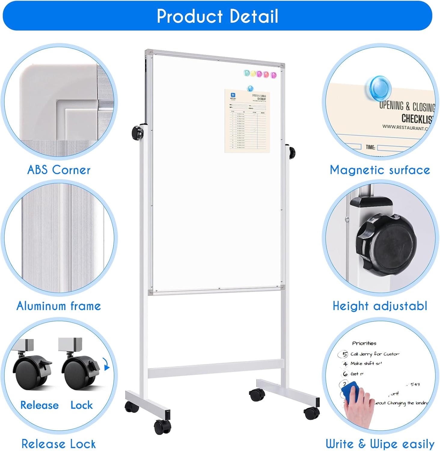 image:imagemaxtek Rolling White Board 44x28 Inches Magnetic Cork Board Combo Portable DoubleSided Dry Erase Board on Wheels Height Adjutable Easel Board for Home School Office44x28 in Silver