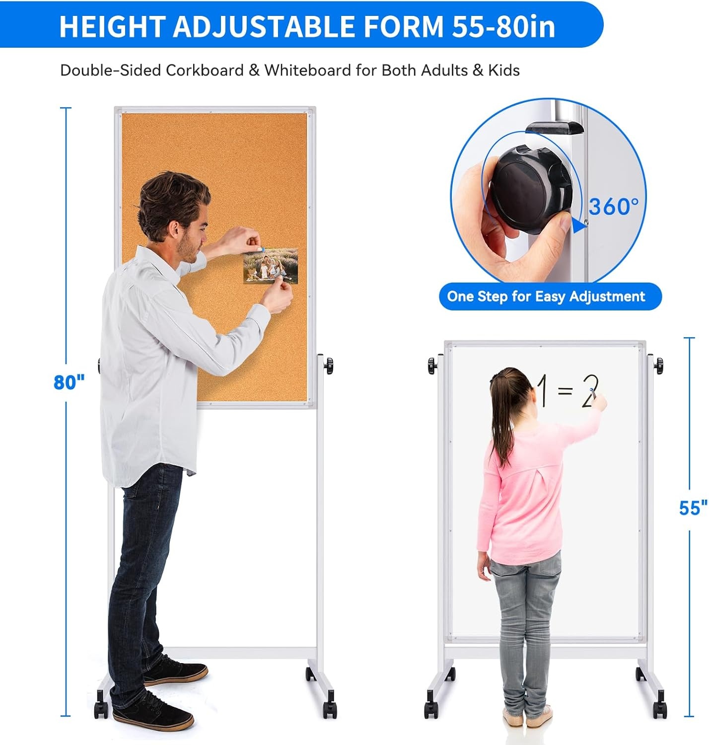 image:imagemaxtek Rolling White Board 44x28 Inches Magnetic Cork Board Combo Portable DoubleSided Dry Erase Board on Wheels Height Adjutable Easel Board for Home School Office48x32 in SilverCork