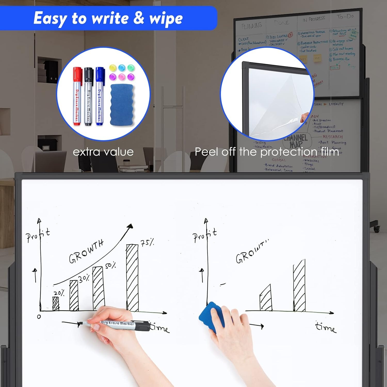 image:imageDoubleSided White Board on Wheels 48x60 Inch 4x5 Large Magnetic Mobile Dry Erase Board Height Adjustable Stand Rolling Whiteboard for Office Classroom Home School Use Black60W x 48H