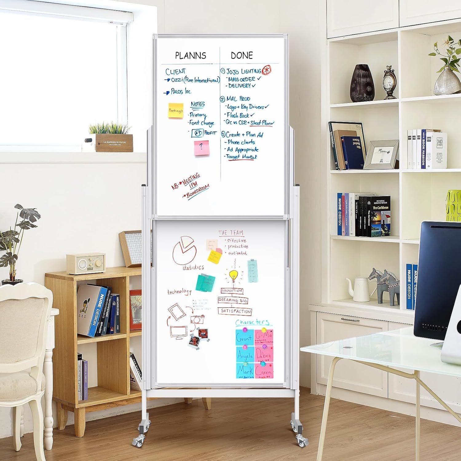 image:imageDoubleSided White Board on Wheels 48x60 Inch 4x5 Large Magnetic Mobile Dry Erase Board Height Adjustable Stand Rolling Whiteboard for Office Classroom Home School Use Black24x63 inch Silver