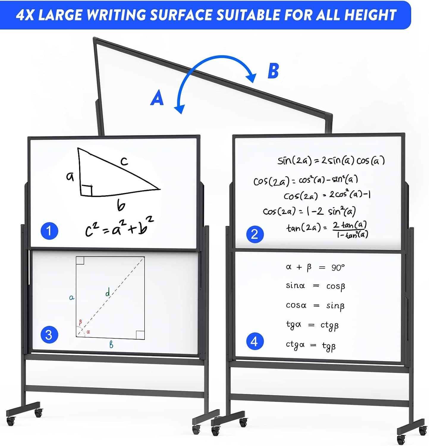 image:imageDoubleSided White Board on Wheels 48x60 Inch 4x5 Large Magnetic Mobile Dry Erase Board Height Adjustable Stand Rolling Whiteboard for Office Classroom Home School Use Black60W x 48H