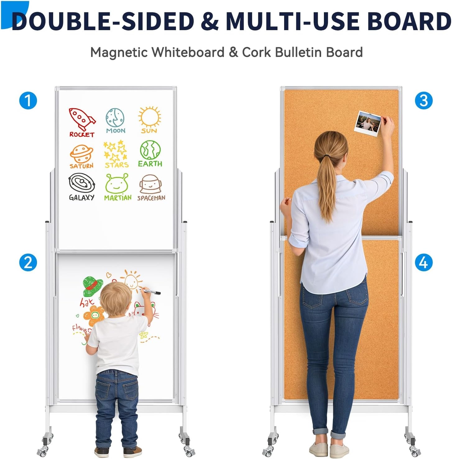 image:imageDoubleSided White Board on Wheels 48x60 Inch 4x5 Large Magnetic Mobile Dry Erase Board Height Adjustable Stand Rolling Whiteboard for Office Classroom Home School Use Black24x63 inch Silver