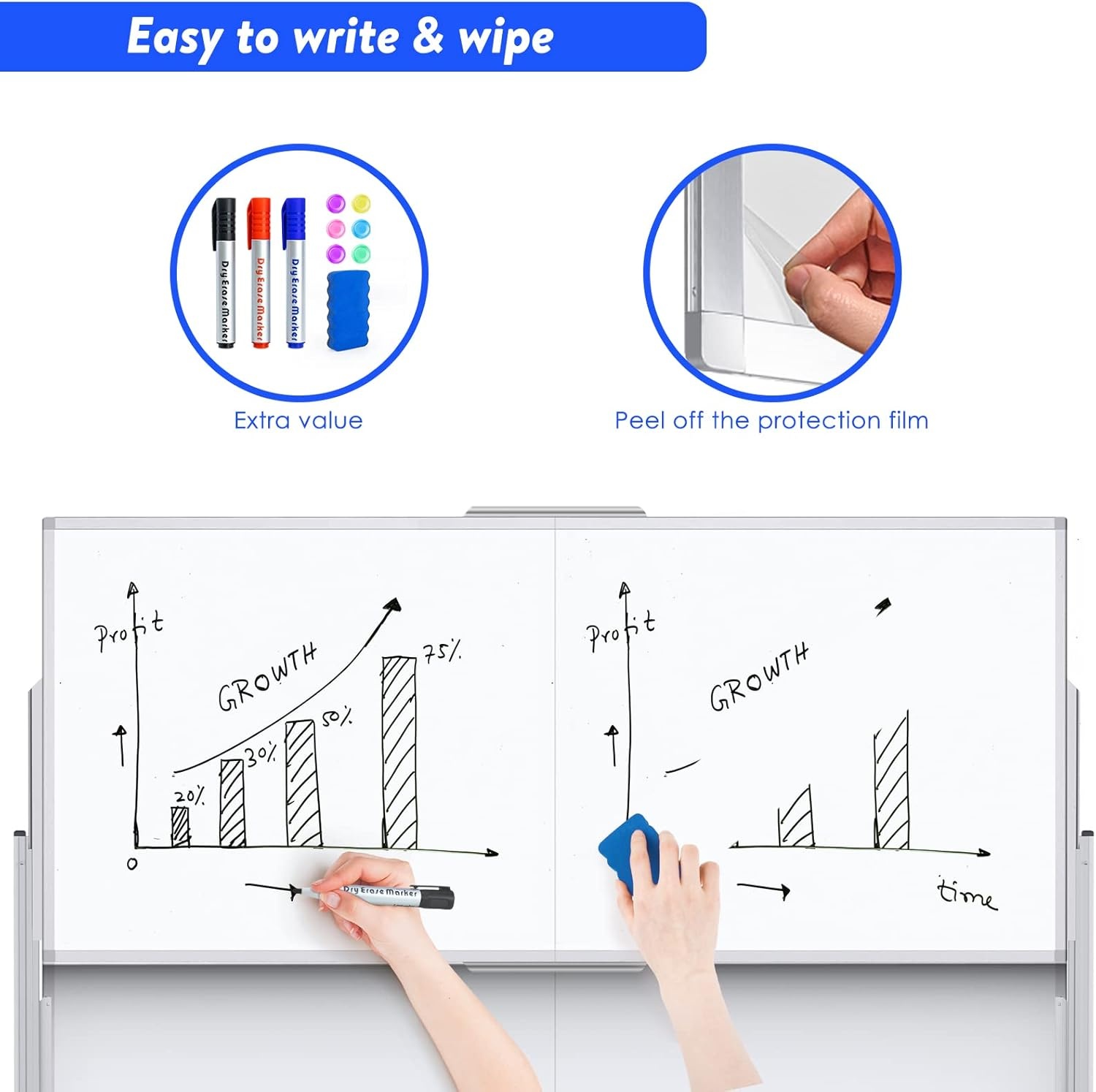 image:imageDoubleSided White Board on Wheels 48x60 Inch 4x5 Large Magnetic Mobile Dry Erase Board Height Adjustable Stand Rolling Whiteboard for Office Classroom Home School Use Black60W x 72H