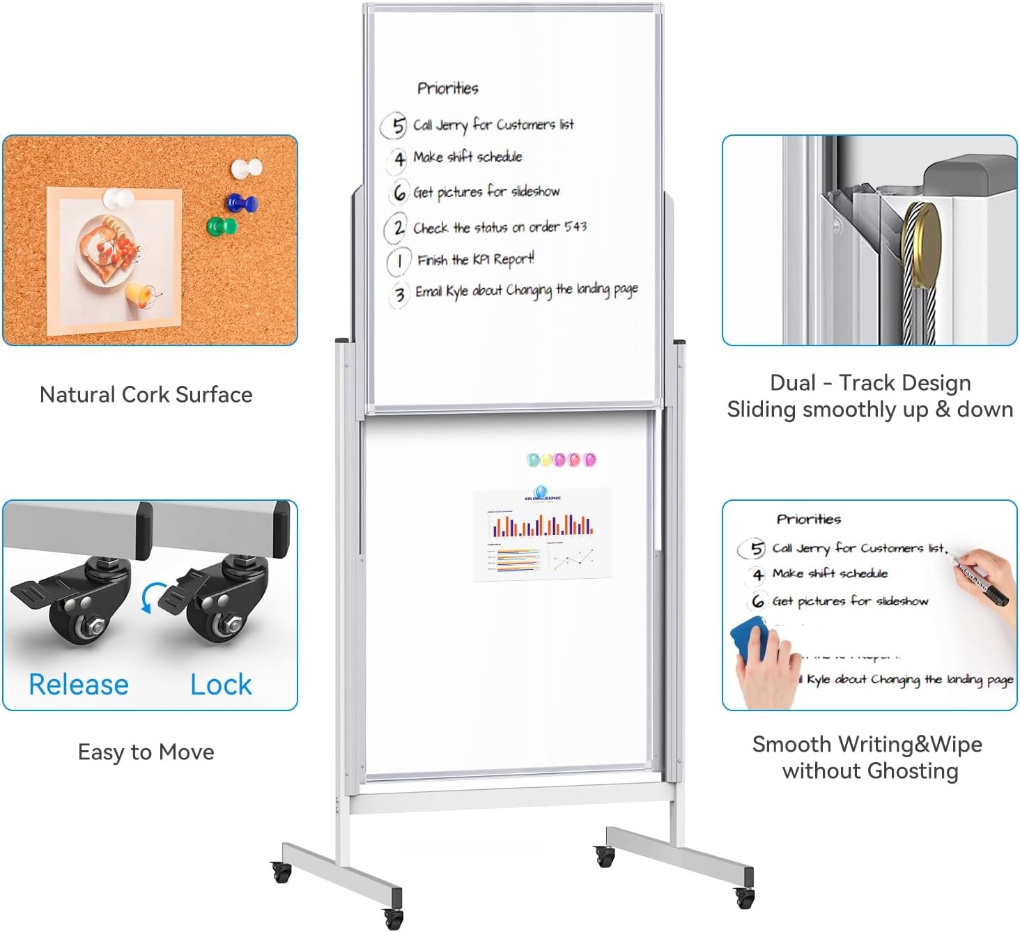 image:imageDoubleSided White Board on Wheels 48x60 Inch 4x5 Large Magnetic Mobile Dry Erase Board Height Adjustable Stand Rolling Whiteboard for Office Classroom Home School Use Black24x63 inch Silver