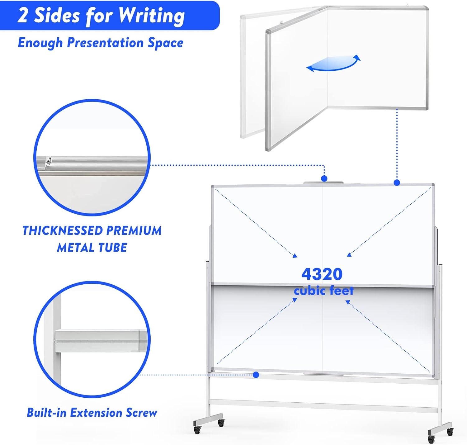 image:imageDoubleSided White Board on Wheels 48x60 Inch 4x5 Large Magnetic Mobile Dry Erase Board Height Adjustable Stand Rolling Whiteboard for Office Classroom Home School Use Black60W x 72H
