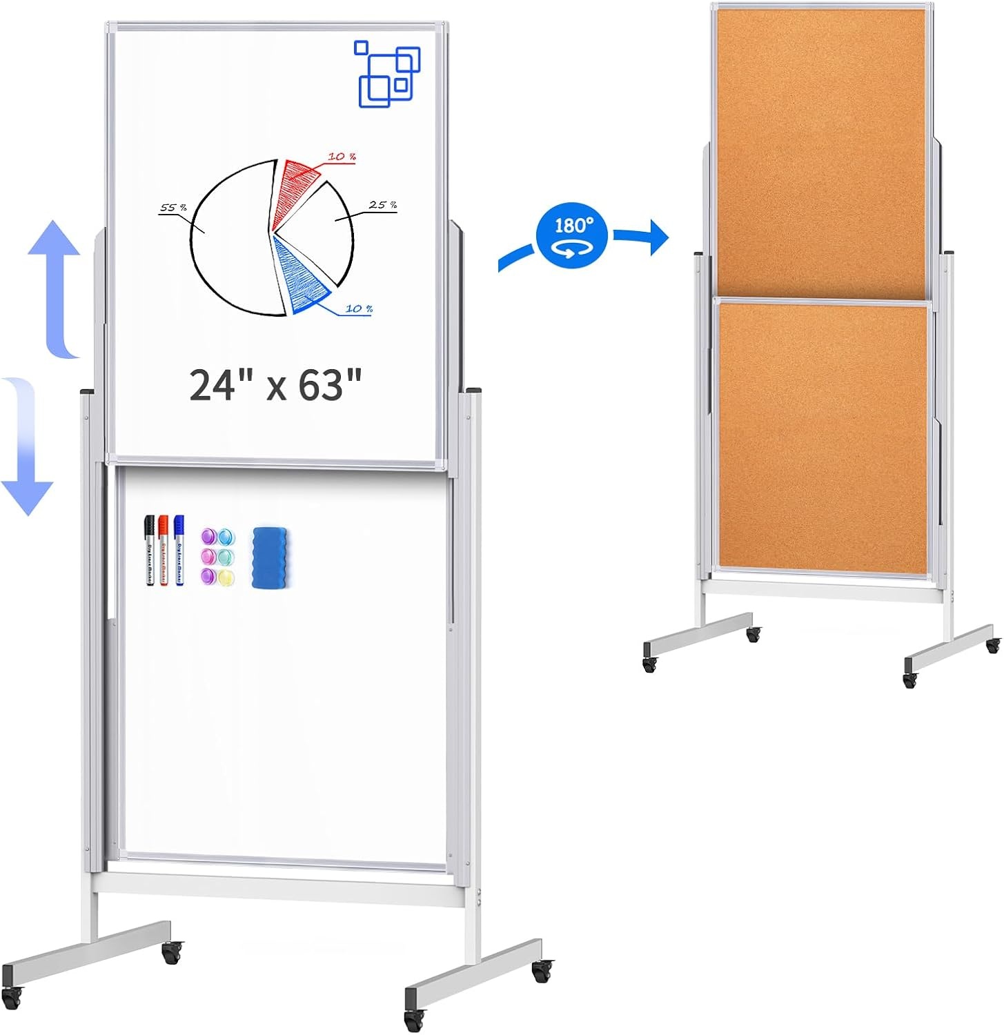 image:imageDoubleSided White Board on Wheels 48x60 Inch 4x5 Large Magnetic Mobile Dry Erase Board Height Adjustable Stand Rolling Whiteboard for Office Classroom Home School Use Black24x63 inch Silver
