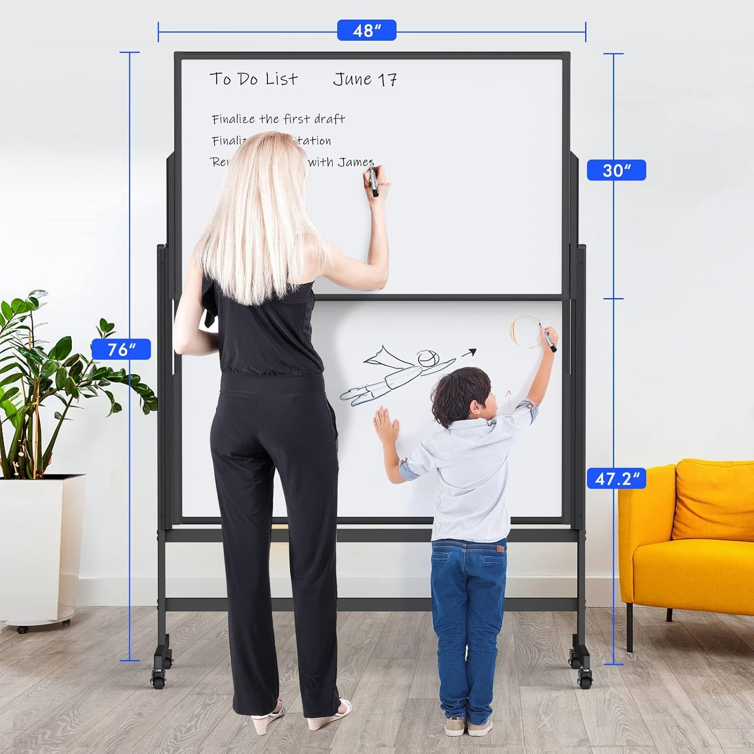 image:imageDoubleSided White Board on Wheels 48x60 Inch 4x5 Large Magnetic Mobile Dry Erase Board Height Adjustable Stand Rolling Whiteboard for Office Classroom Home School Use Black60W x 48H