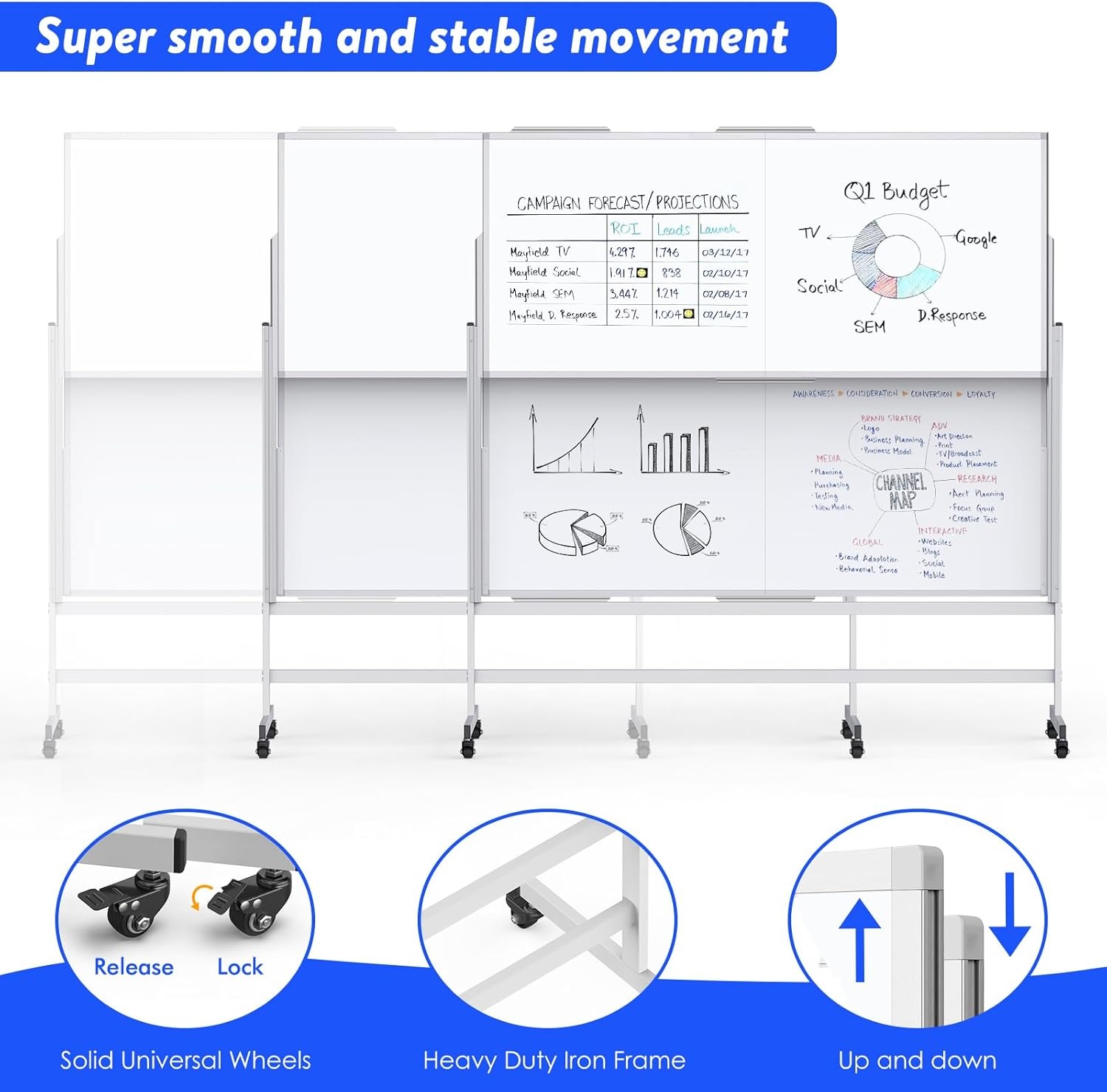 image:imageDoubleSided White Board on Wheels 48x60 Inch 4x5 Large Magnetic Mobile Dry Erase Board Height Adjustable Stand Rolling Whiteboard for Office Classroom Home School Use Black60W x 72H