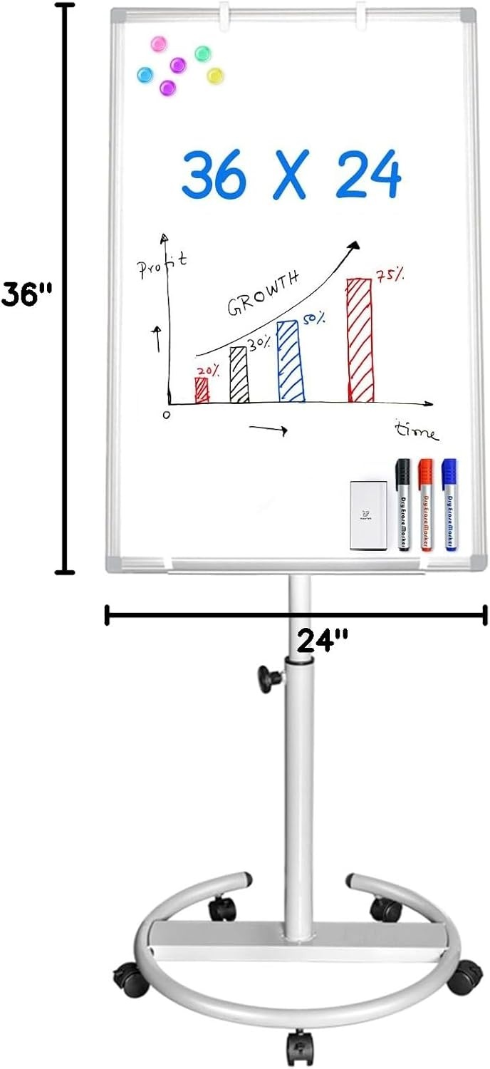 image:imageMobile Whiteboard 36 x 24 inches Portable Magnetic Dry Erase Board 3 x 2 Stand Easel White Board Dry Erase Easel Standing Board wFlipchart Hooks BlackWhite