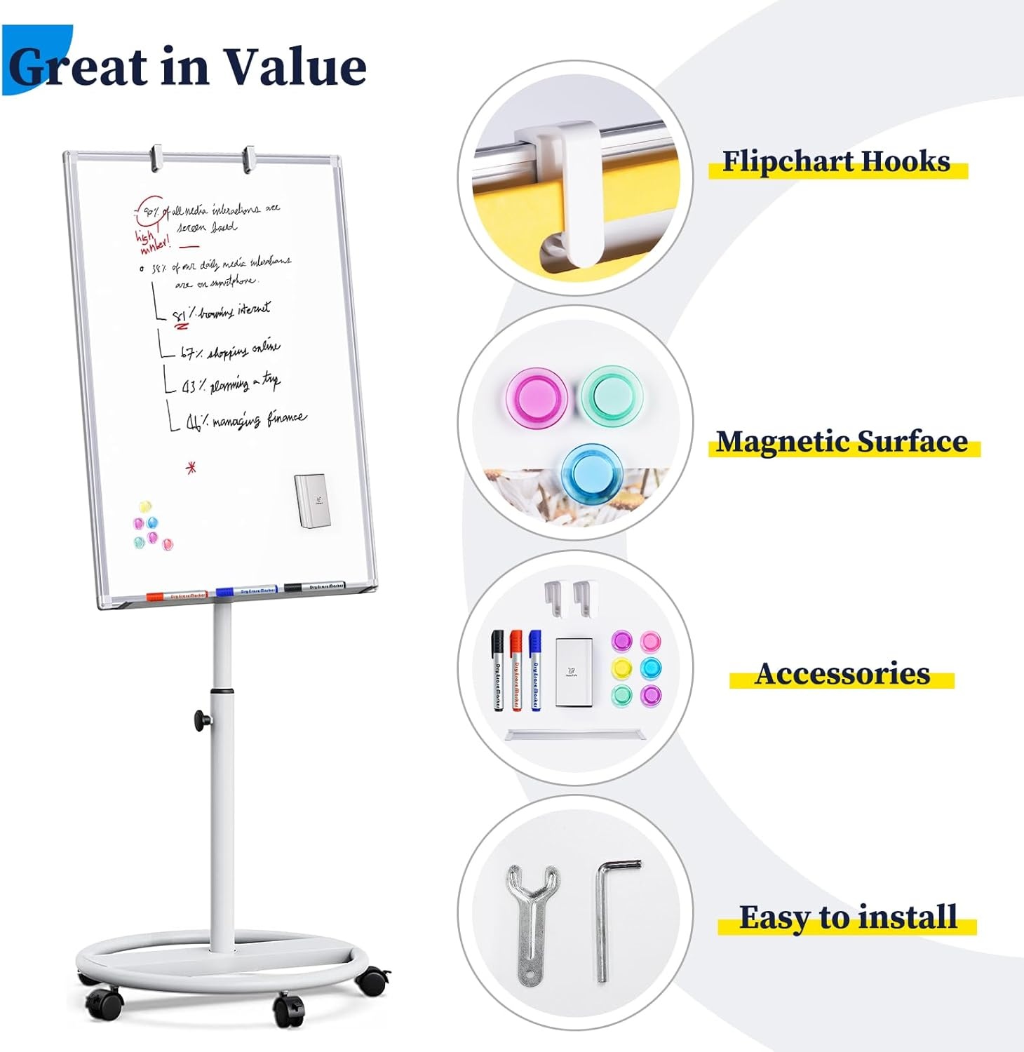 image:imageMobile Whiteboard 36 x 24 inches Portable Magnetic Dry Erase Board 3 x 2 Stand Easel White Board Dry Erase Easel Standing Board wFlipchart Hooks BlackWhite