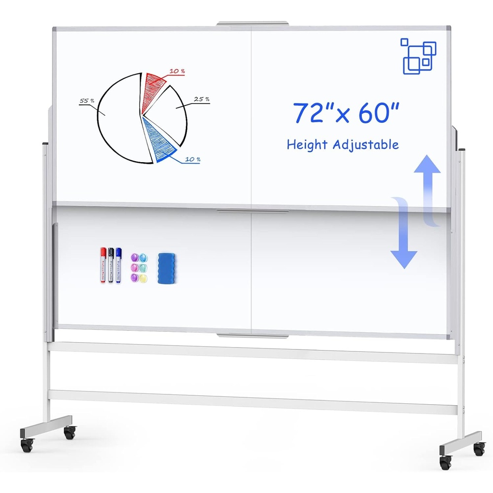 image:imageDoubleSided White Board on Wheels 48x60 Inch 4x5 Large Magnetic Mobile Dry Erase Board Height Adjustable Stand Rolling Whiteboard for Office Classroom Home School Use Black60W x 72H