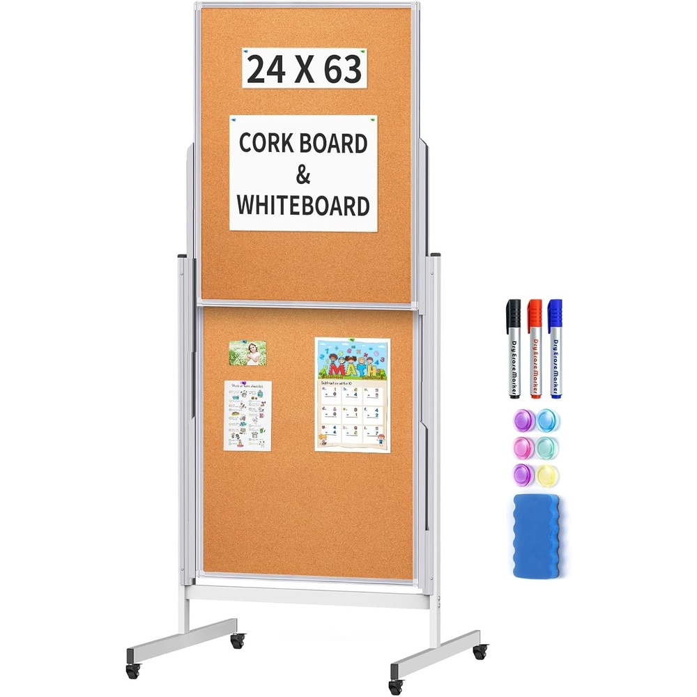 image:imageDoubleSided White Board on Wheels 48x60 Inch 4x5 Large Magnetic Mobile Dry Erase Board Height Adjustable Stand Rolling Whiteboard for Office Classroom Home School Use Black24x63 inch Silver