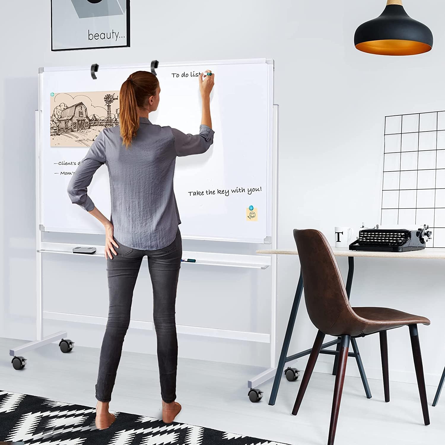 image:imageLarge Rolling White Board 48x36 in DoubleSided Mobile Whiteboard maxtek Reversible Magnetic Dry Erase Board Easel Standing Whiteboard on Wheels Portable Board for Office Classroom and Home SilverSilver