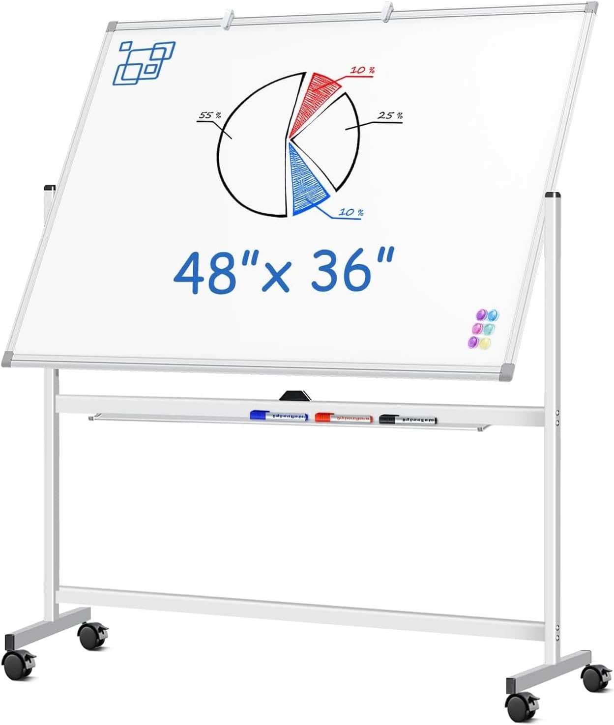 image:imageLarge Rolling White Board 48x36 in DoubleSided Mobile Whiteboard maxtek Reversible Magnetic Dry Erase Board Easel Standing Whiteboard on Wheels Portable Board for Office Classroom and Home SilverSilver
