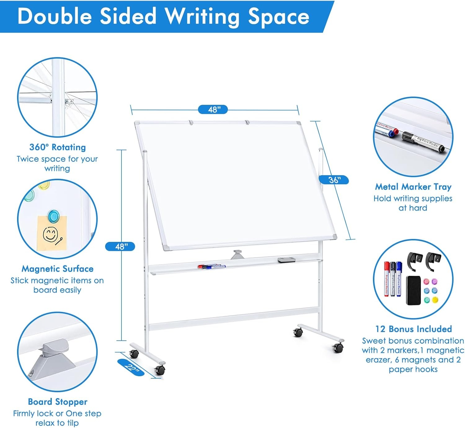image:imageLarge Rolling White Board 48x36 in DoubleSided Mobile Whiteboard maxtek Reversible Magnetic Dry Erase Board Easel Standing Whiteboard on Wheels Portable Board for Office Classroom and Home SilverSilver