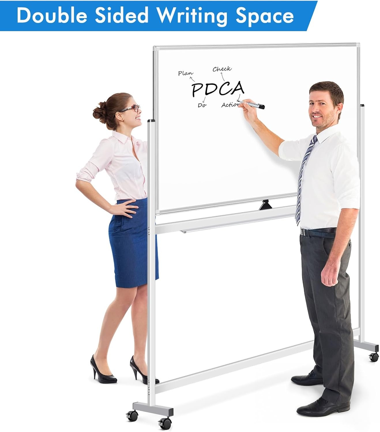 image:imageLarge Rolling White Board 48x36 in DoubleSided Mobile Whiteboard maxtek Reversible Magnetic Dry Erase Board Easel Standing Whiteboard on Wheels Portable Board for Office Classroom and Home SilverSilver