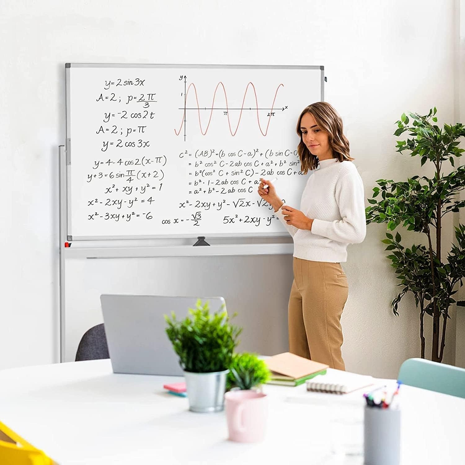 image:imageLarge Rolling White Board 48x36 in DoubleSided Mobile Whiteboard maxtek Reversible Magnetic Dry Erase Board Easel Standing Whiteboard on Wheels Portable Board for Office Classroom and Home SilverSilver