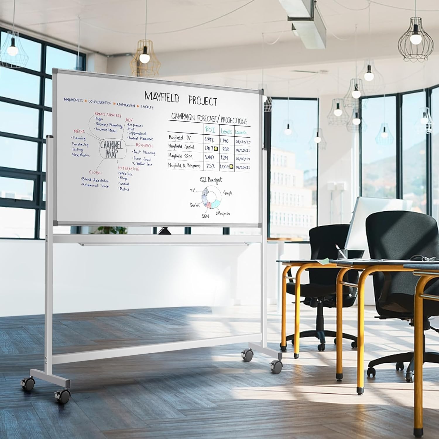 image:imageLarge Rolling White Board 48x36 in DoubleSided Mobile Whiteboard maxtek Reversible Magnetic Dry Erase Board Easel Standing Whiteboard on Wheels Portable Board for Office Classroom and Home SilverSilver