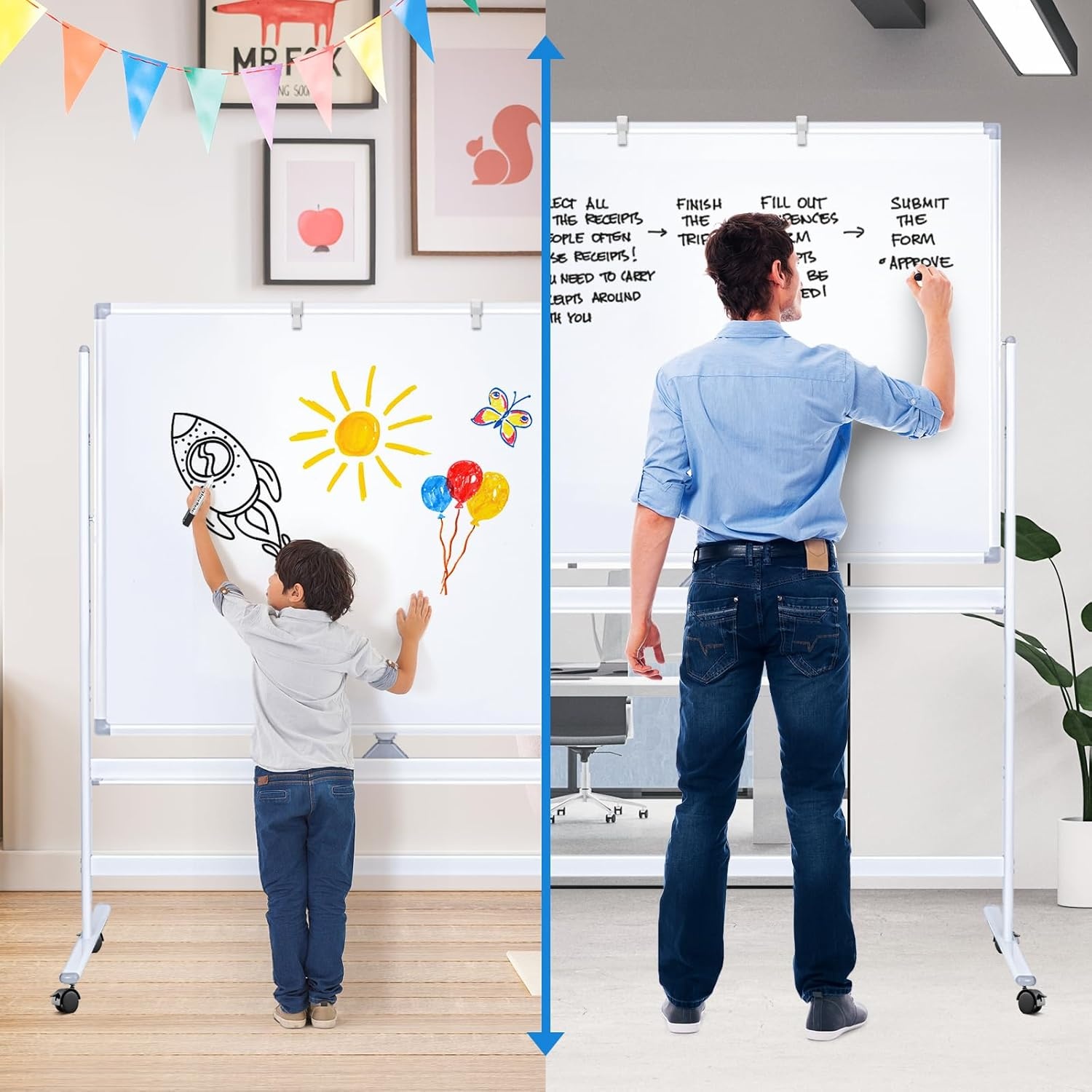 image:imageLarge Rolling White Board 48x36 in DoubleSided Mobile Whiteboard maxtek Reversible Magnetic Dry Erase Board Easel Standing Whiteboard on Wheels Portable Board for Office Classroom and Home SilverSilver