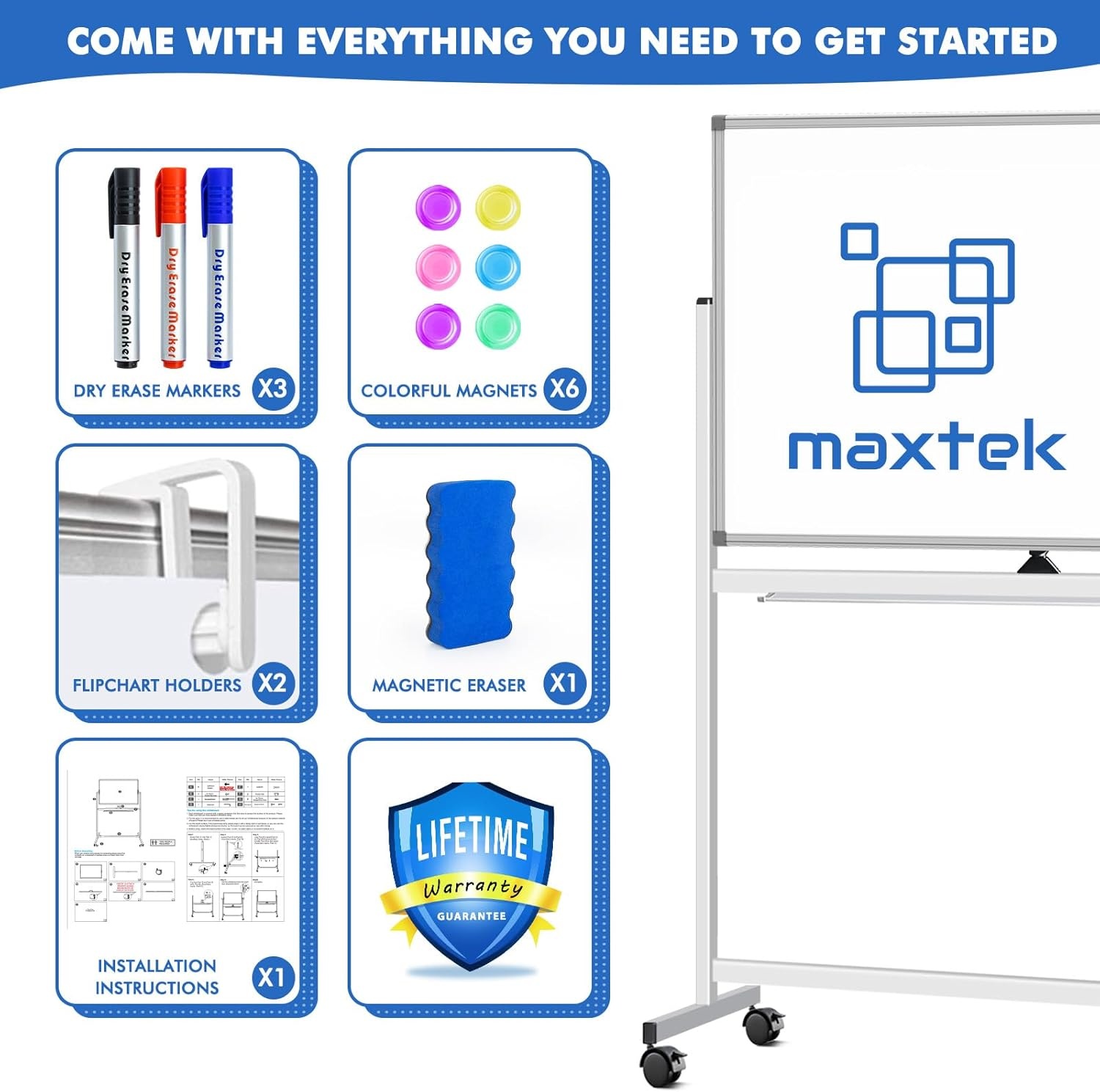 image:imageLarge Rolling White Board 48x36 in DoubleSided Mobile Whiteboard maxtek Reversible Magnetic Dry Erase Board Easel Standing Whiteboard on Wheels Portable Board for Office Classroom and Home SilverSilver