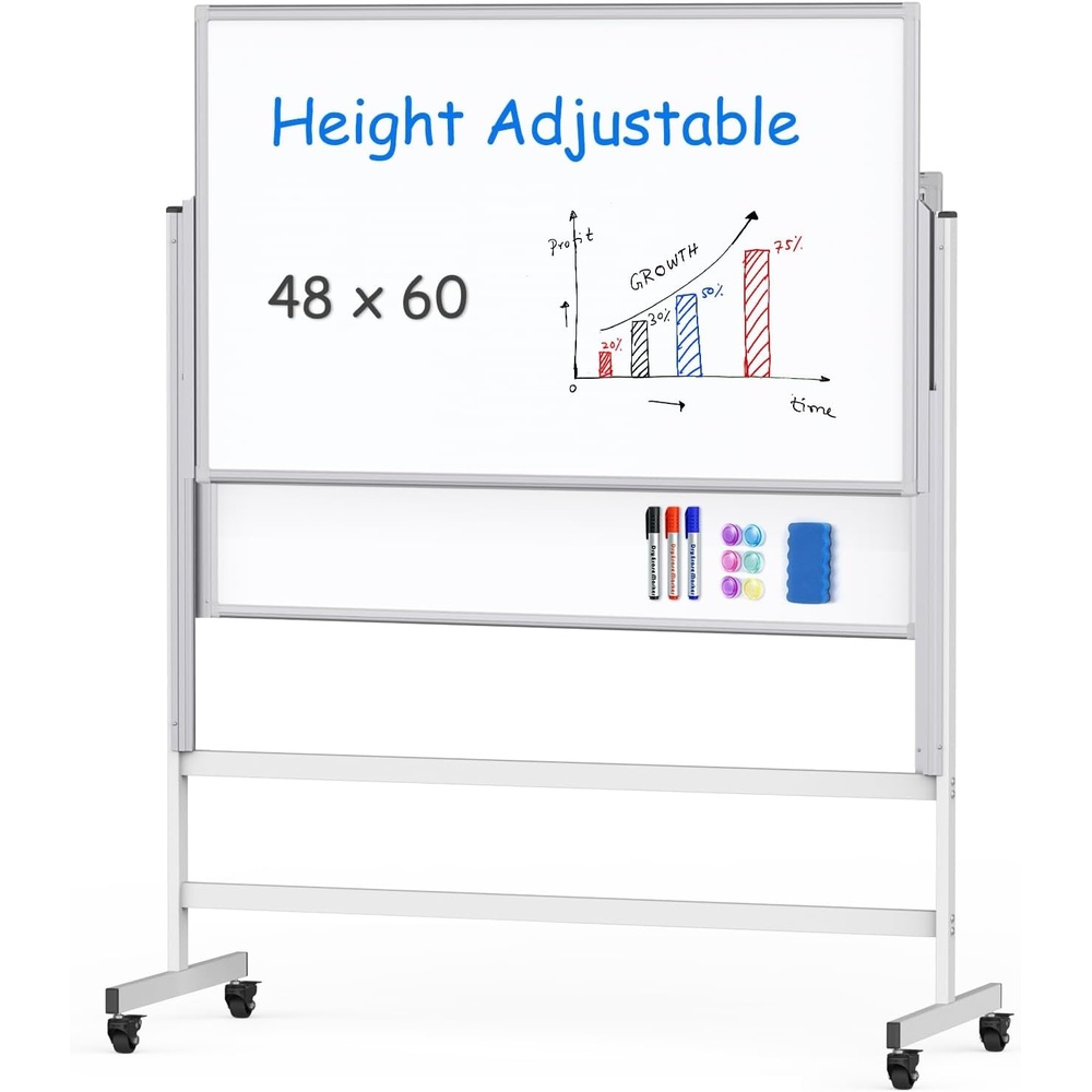 image:imagemaxtek Dry Erase Whiteboard Height Adjustable Easel Stand Rolling White Board on Wheels 48 x 60 Large Mobile Dry Erase Board 4 x 5 Double Sided Magnetic Whiteboard for School Office Home48x60 White