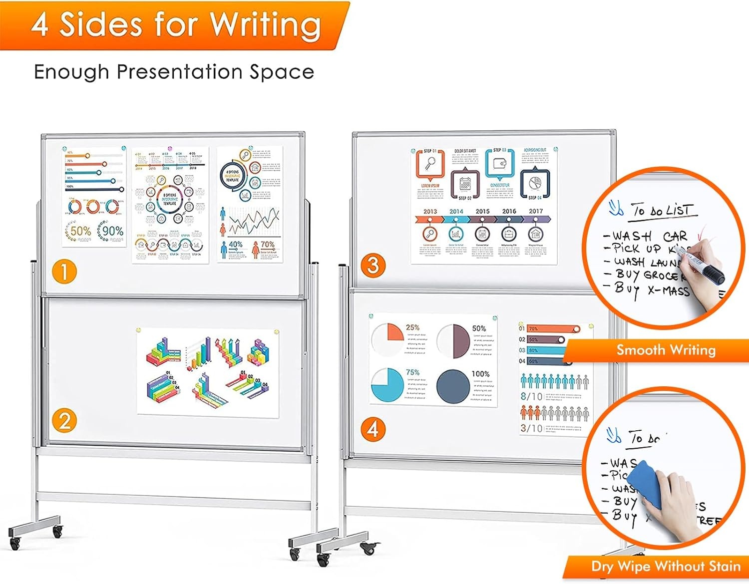image:imagemaxtek Dry Erase Whiteboard Height Adjustable Easel Stand Rolling White Board on Wheels 48 x 60 Large Mobile Dry Erase Board 4 x 5 Double Sided Magnetic Whiteboard for School Office Home48x60 White