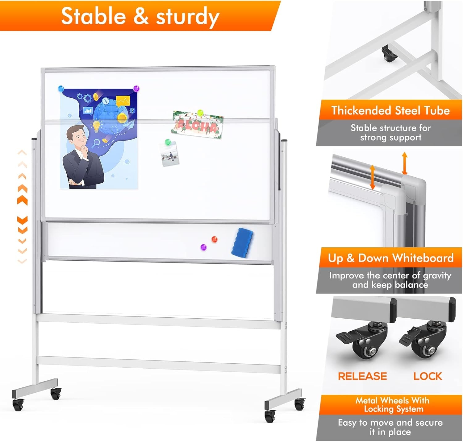 image:imagemaxtek Dry Erase Whiteboard Height Adjustable Easel Stand Rolling White Board on Wheels 48 x 60 Large Mobile Dry Erase Board 4 x 5 Double Sided Magnetic Whiteboard for School Office Home48x60 White