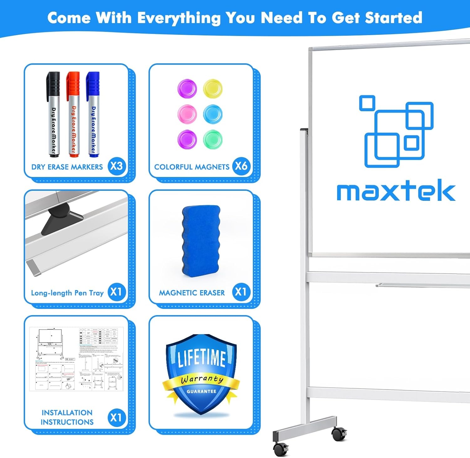 image:imagemaxtek Rolling Whiteboard72x36 White Board with Stands Movable Dry Erase Board on Wheels Large Double Sided Standing Whiteboard for Office School Classroom Presentation SuppliesSilver