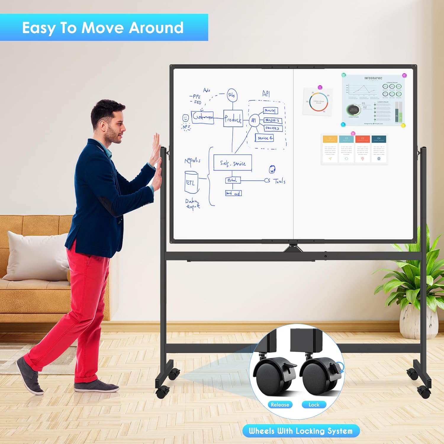 image:imagemaxtek Rolling Whiteboard72x36 White Board with Stands Movable Dry Erase Board on Wheels Large Double Sided Standing Whiteboard for Office School Classroom Presentation SuppliesBlack