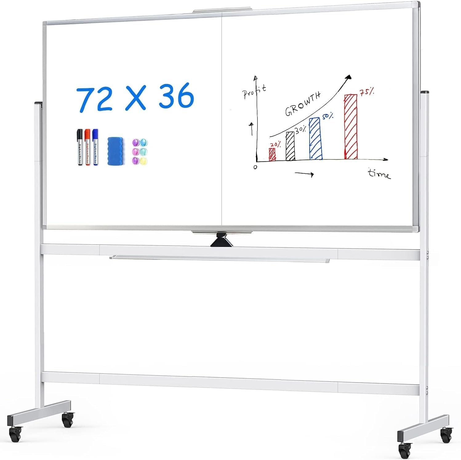 image:imagemaxtek Rolling Whiteboard72x36 White Board with Stands Movable Dry Erase Board on Wheels Large Double Sided Standing Whiteboard for Office School Classroom Presentation SuppliesSilver