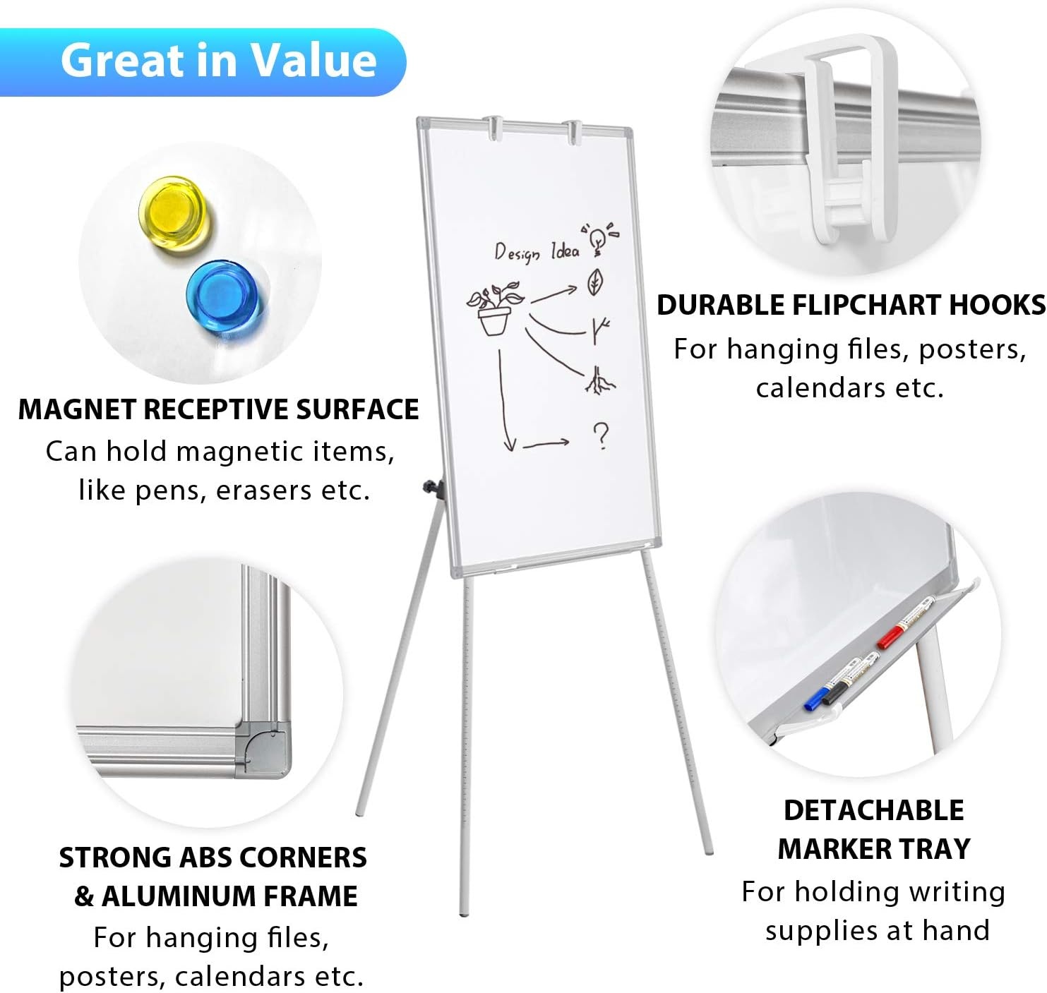image:imageEasel Whiteboard Magnetic Portable Dry Erase 36 x 24 Tripod Height Adjustable 3 x 2 Flipchart Easel Stand White Board for Office or Teaching at Home amp Classroom 36x24 White36x24 White
