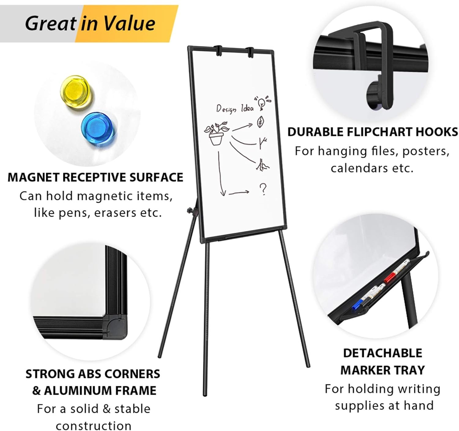 image:imageEasel Whiteboard Magnetic Portable Dry Erase 36 x 24 Tripod Height Adjustable 3 x 2 Flipchart Easel Stand White Board for Office or Teaching at Home amp Classroom 36x24 White36x24 Black