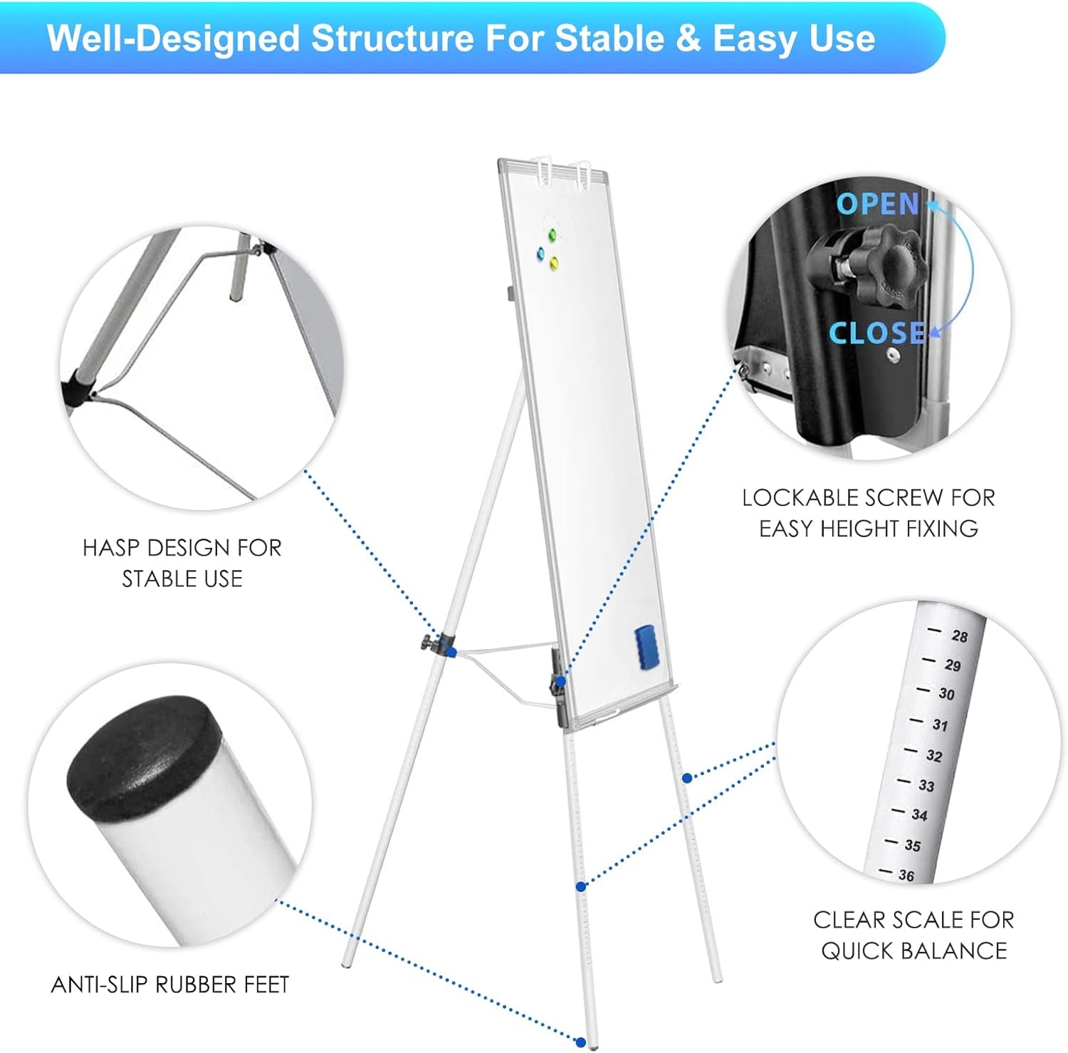 image:imageEasel Whiteboard Magnetic Portable Dry Erase 36 x 24 Tripod Height Adjustable 3 x 2 Flipchart Easel Stand White Board for Office or Teaching at Home amp Classroom 36x24 White40x28 White