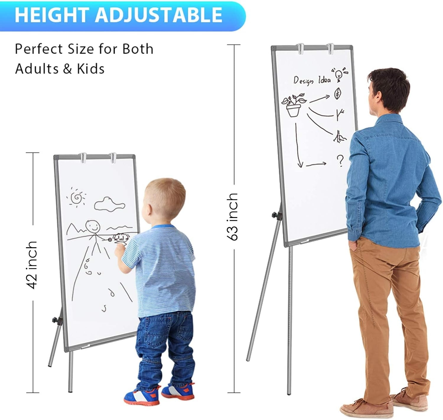 image:imageEasel Whiteboard Magnetic Portable Dry Erase 36 x 24 Tripod Height Adjustable 3 x 2 Flipchart Easel Stand White Board for Office or Teaching at Home amp Classroom 36x24 White36x24 Gray