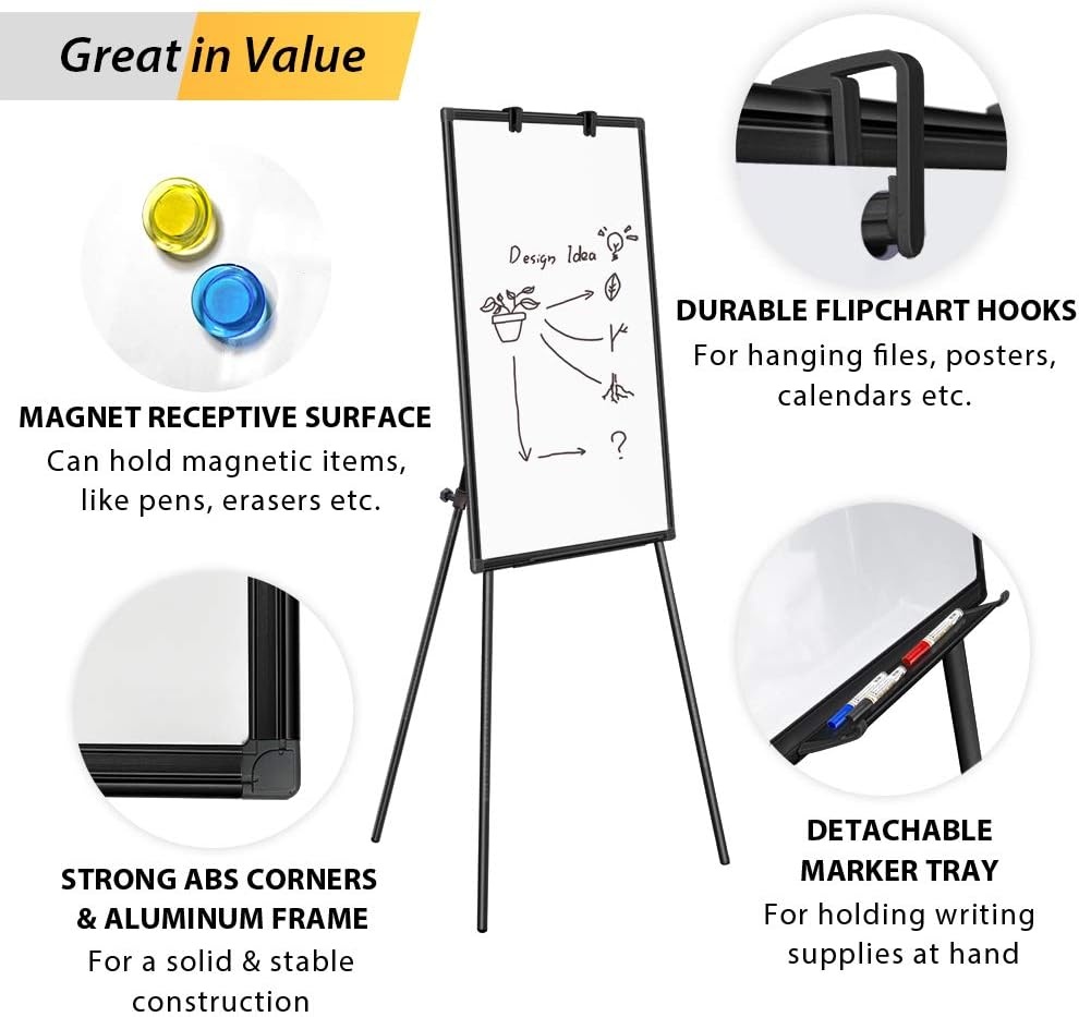 image:imageEasel Whiteboard Magnetic Portable Dry Erase 36 x 24 Tripod Height Adjustable 3 x 2 Flipchart Easel Stand White Board for Office or Teaching at Home amp Classroom 36x24 White40x28 Black