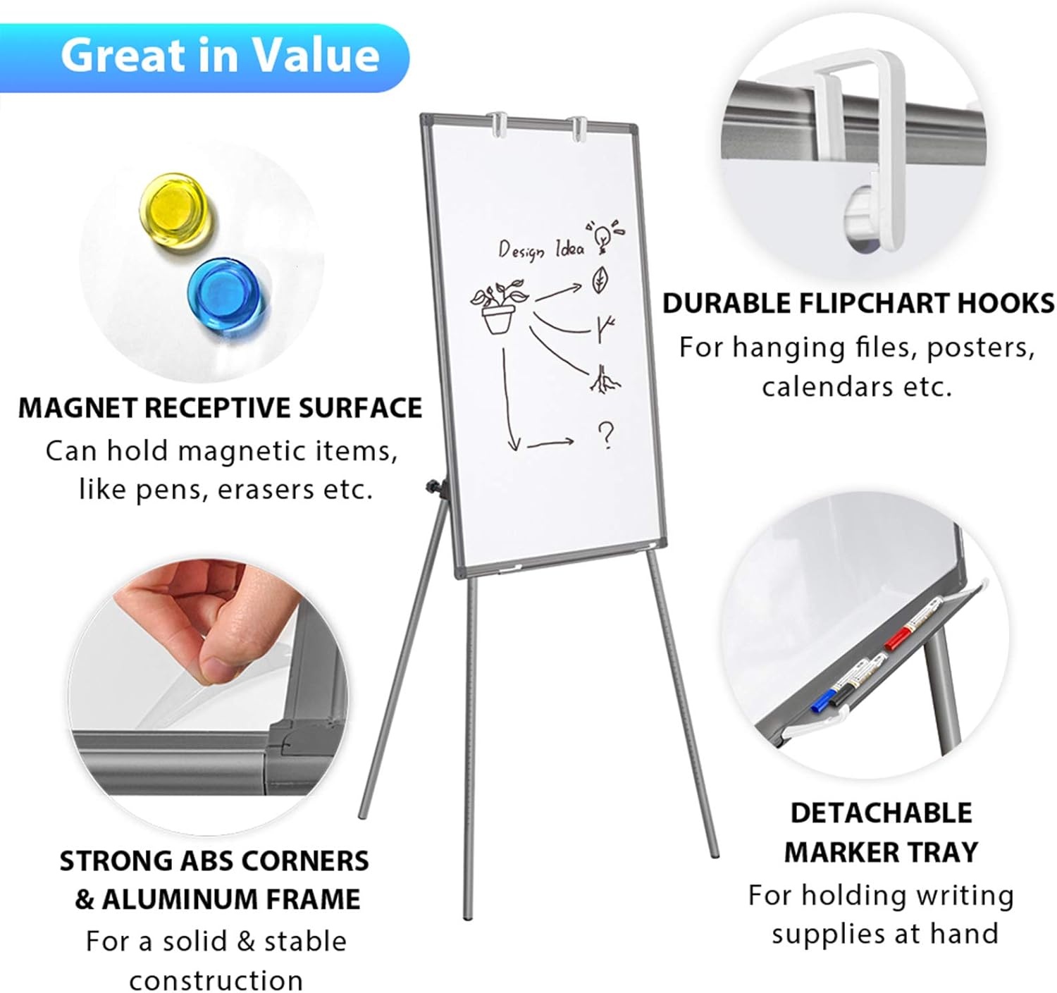image:imageEasel Whiteboard Magnetic Portable Dry Erase 36 x 24 Tripod Height Adjustable 3 x 2 Flipchart Easel Stand White Board for Office or Teaching at Home amp Classroom 36x24 White36x24 Gray