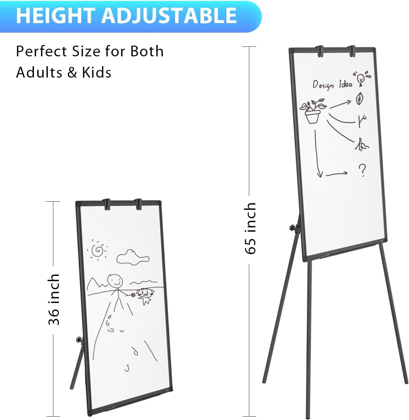 image:imageEasel Whiteboard Magnetic Portable Dry Erase 36 x 24 Tripod Height Adjustable 3 x 2 Flipchart Easel Stand White Board for Office or Teaching at Home amp Classroom 36x24 White36x24 Black