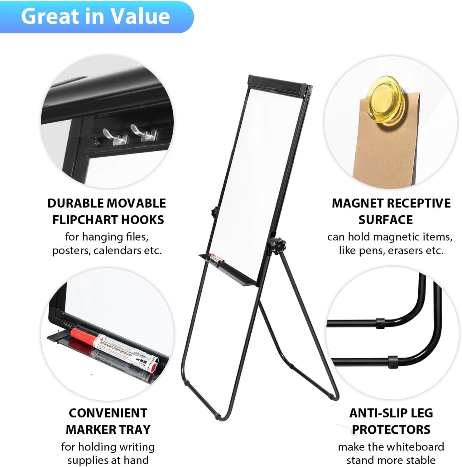 image:imageStand White Board 40x28 Magnetic Dry Erase Board Flipchart Board Double Sided Easel Board Portable Whiteboard for Classroom Home Office SuppliesBlack