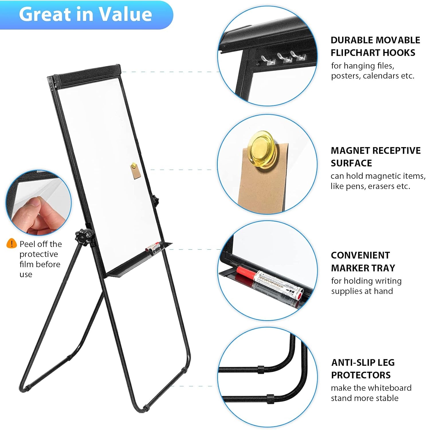 image:imageStand White Board 40x28 Magnetic Dry Erase Board Flipchart Board Double Sided Easel Board Portable Whiteboard for Classroom Home Office SuppliesBlack