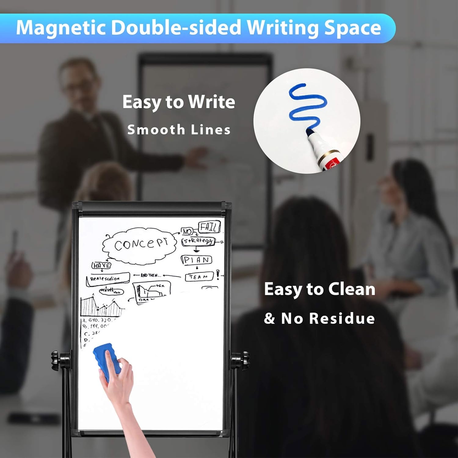 image:imageStand White Board 40x28 Magnetic Dry Erase Board Flipchart Board Double Sided Easel Board Portable Whiteboard for Classroom Home Office SuppliesBlack