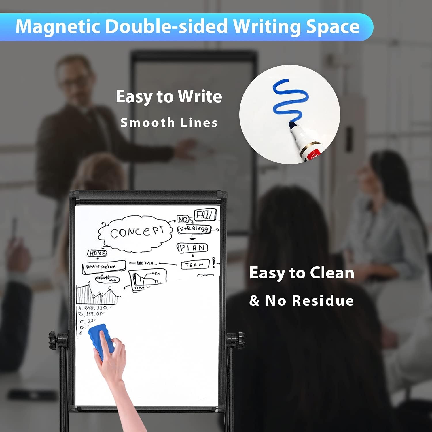 image:imageStand White Board 40x28 Magnetic Dry Erase Board Flipchart Board Double Sided Easel Board Portable Whiteboard for Classroom Home Office SuppliesBlack