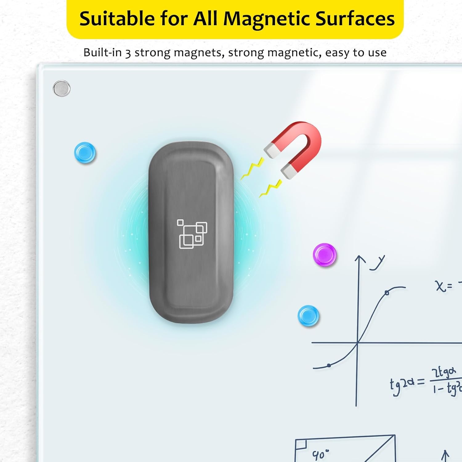 image:imagemaxtek Dry Erase Eraser Magnetic White Board Erasers 2 Pack Glass Whiteboard Eraser for Office and School Supplies Gray WhiteGray 1pack
