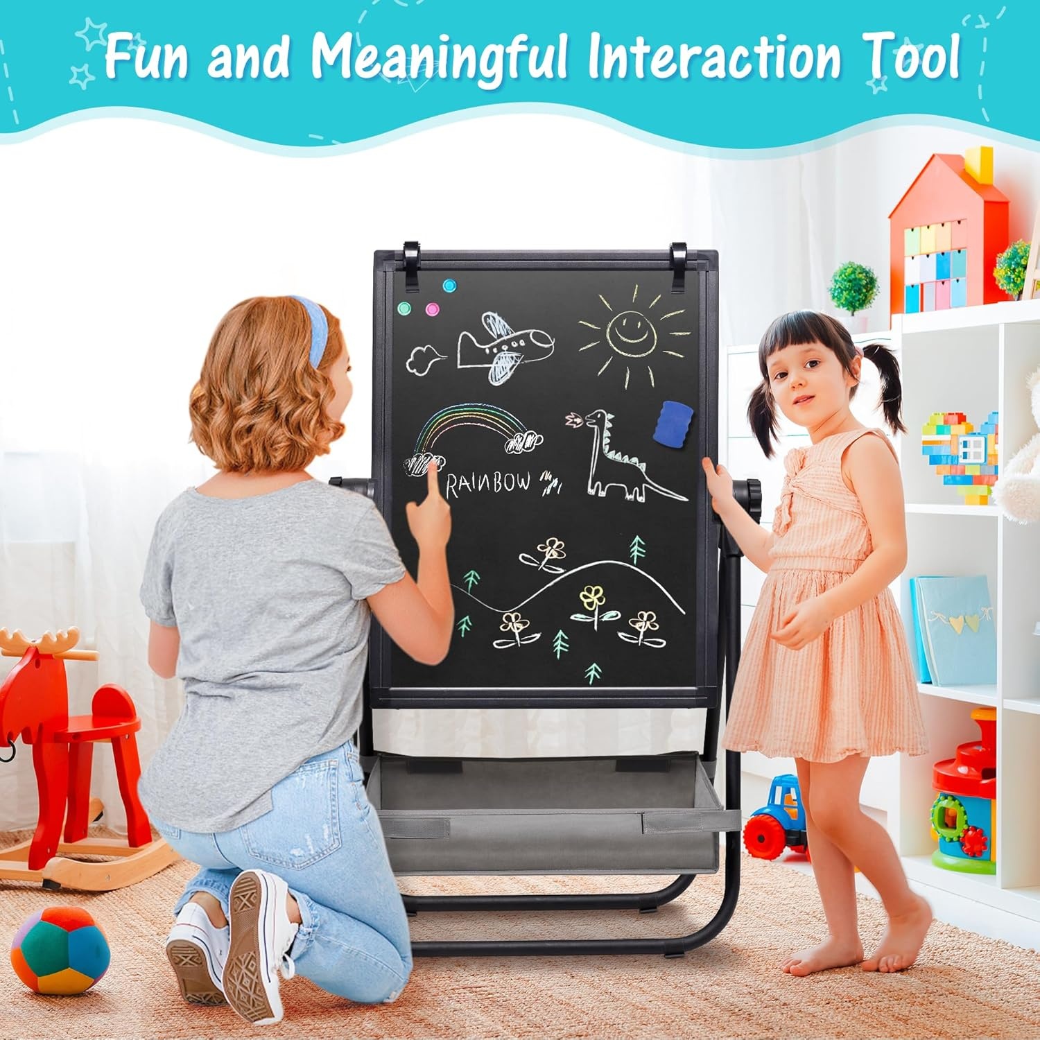 image:imagemaxtek Kids Easel 24x18in Adjustable DoubleSided Whiteboard amp Chalkboard 360Rotating Magnetic Standing Art Easel Kids for Boys and Girls 3 with Drawing Accessories BlackBlack