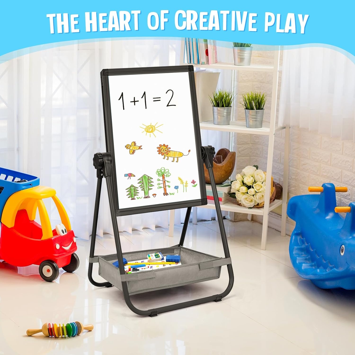 image:imagemaxtek Kids Easel 24x18in Adjustable DoubleSided Whiteboard amp Chalkboard 360Rotating Magnetic Standing Art Easel Kids for Boys and Girls 3 with Drawing Accessories BlackBlack